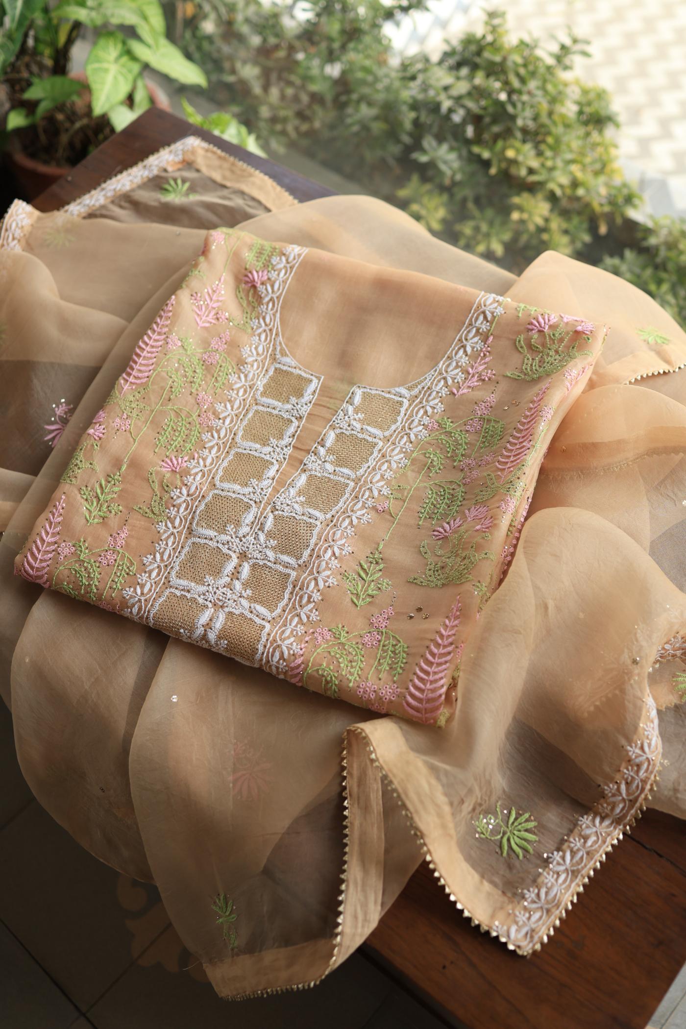 Pastel Peach Noor Organza Silk Chikankari With Kamdani Fabric