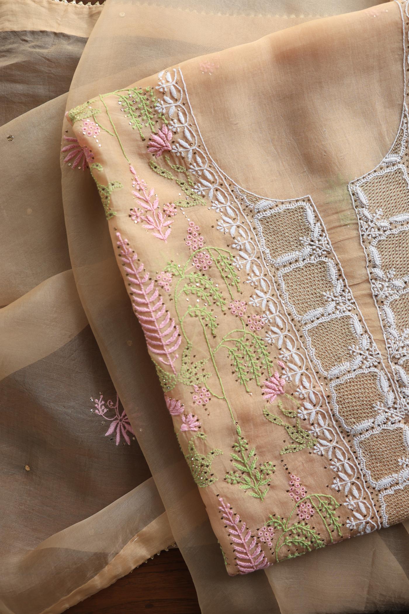 Pastel Peach Noor Organza Silk Chikankari With Kamdani Fabric
