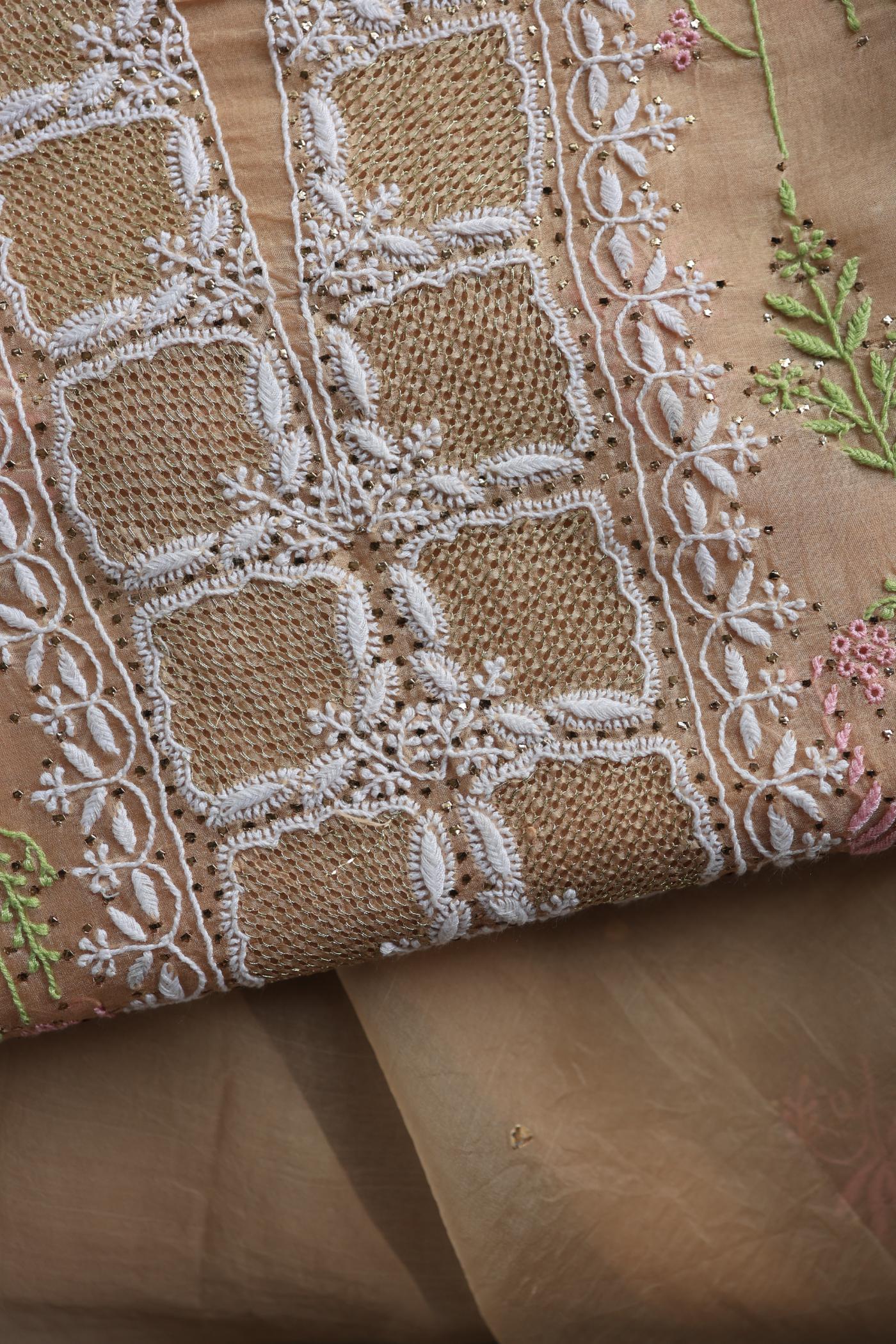 Pastel Peach Noor Organza Silk Chikankari With Kamdani Fabric