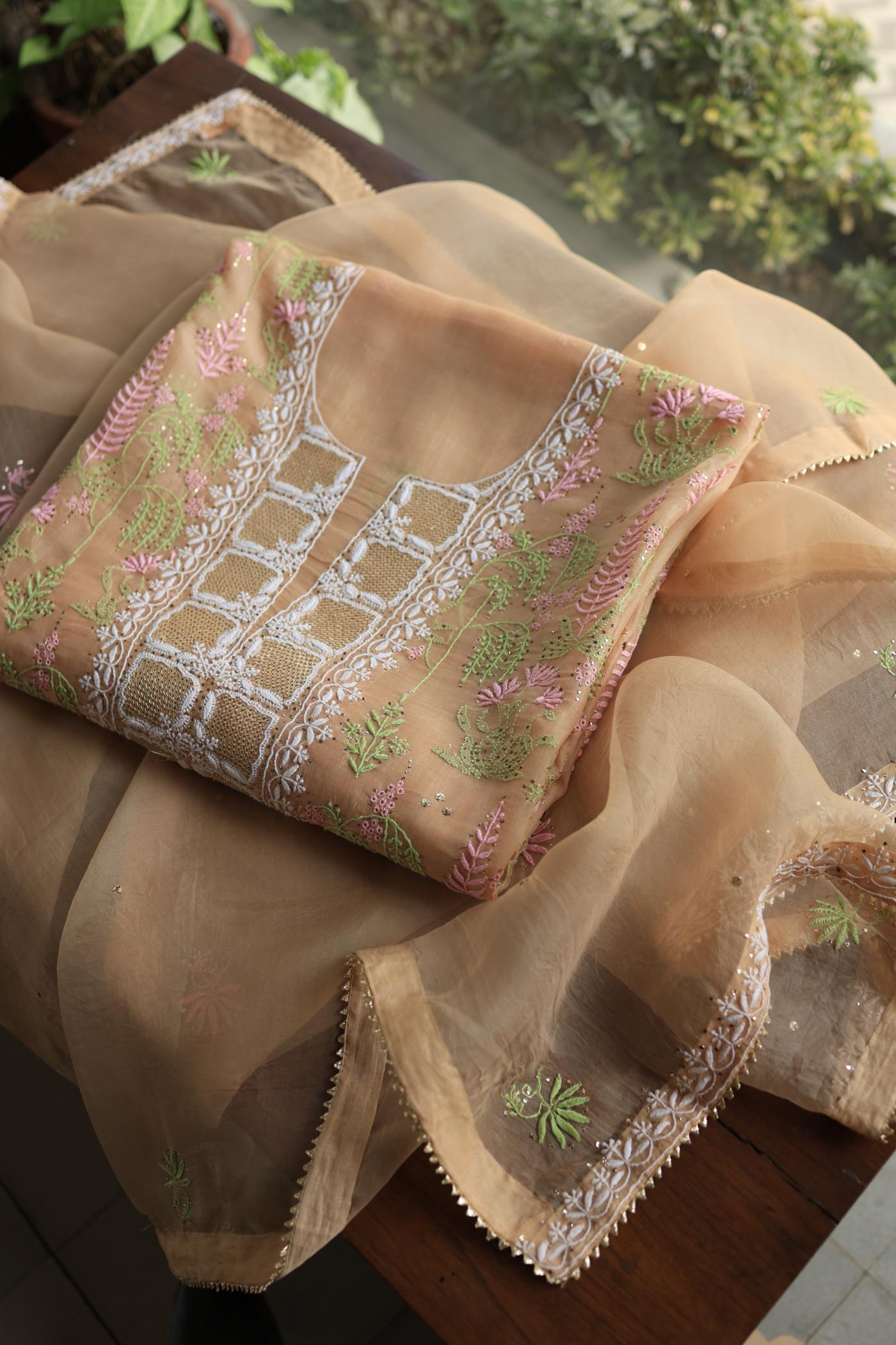 Pastel Peach Noor Organza Silk Chikankari With Kamdani Fabric