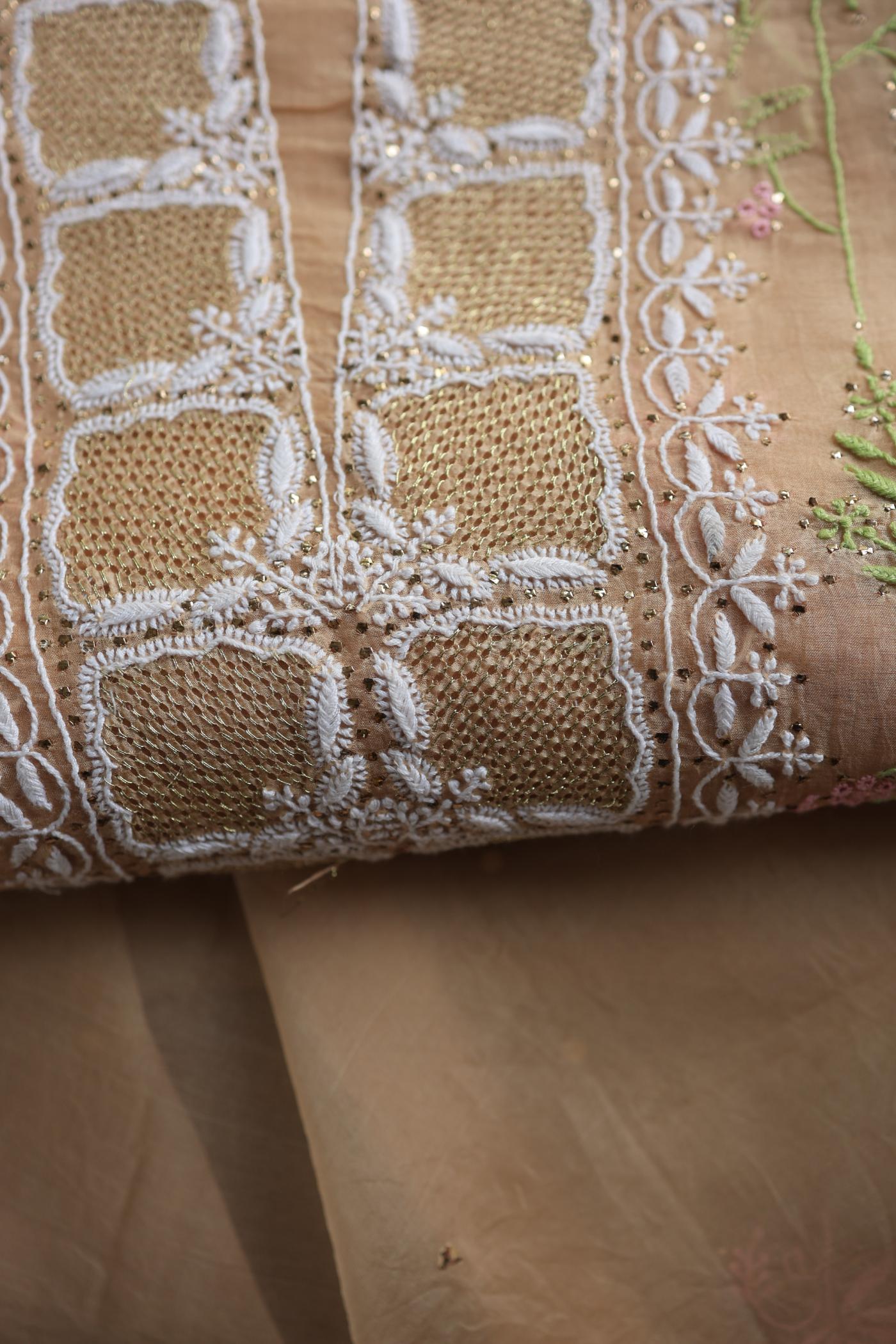 Pastel Peach Noor Organza Silk Chikankari With Kamdani Fabric