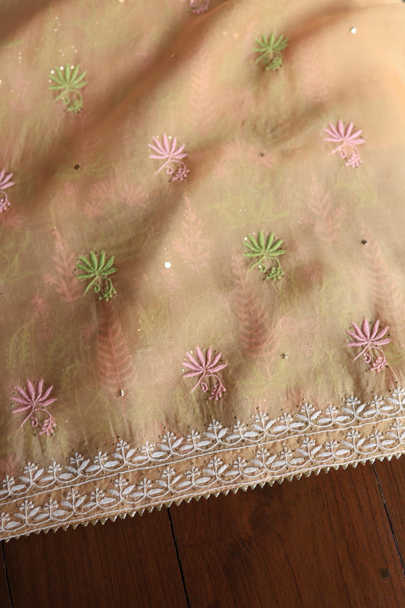 Pastel Peach Noor Organza Silk Chikankari With Kamdani Fabric