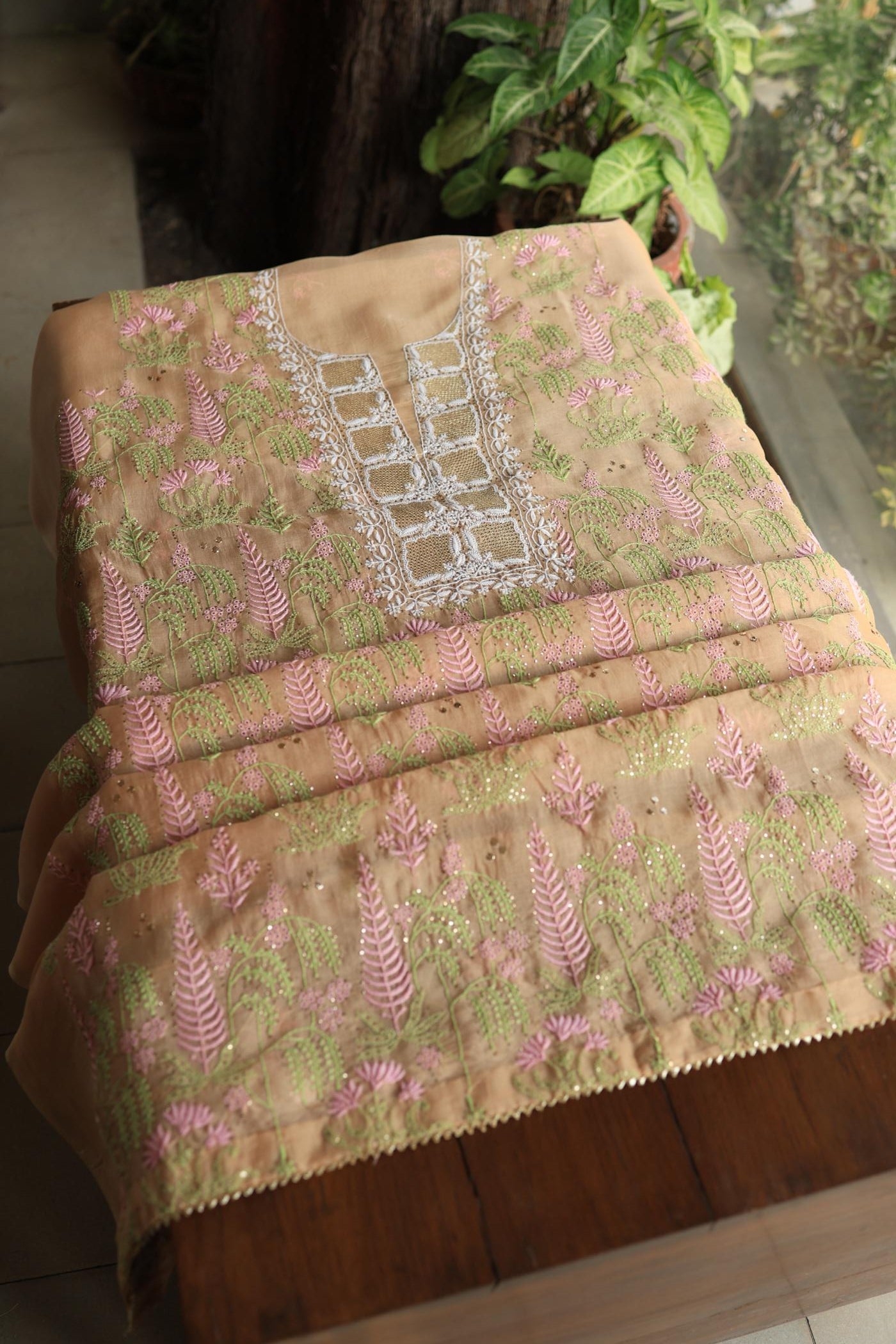 Pastel Peach Noor Organza Silk Chikankari With Kamdani Fabric