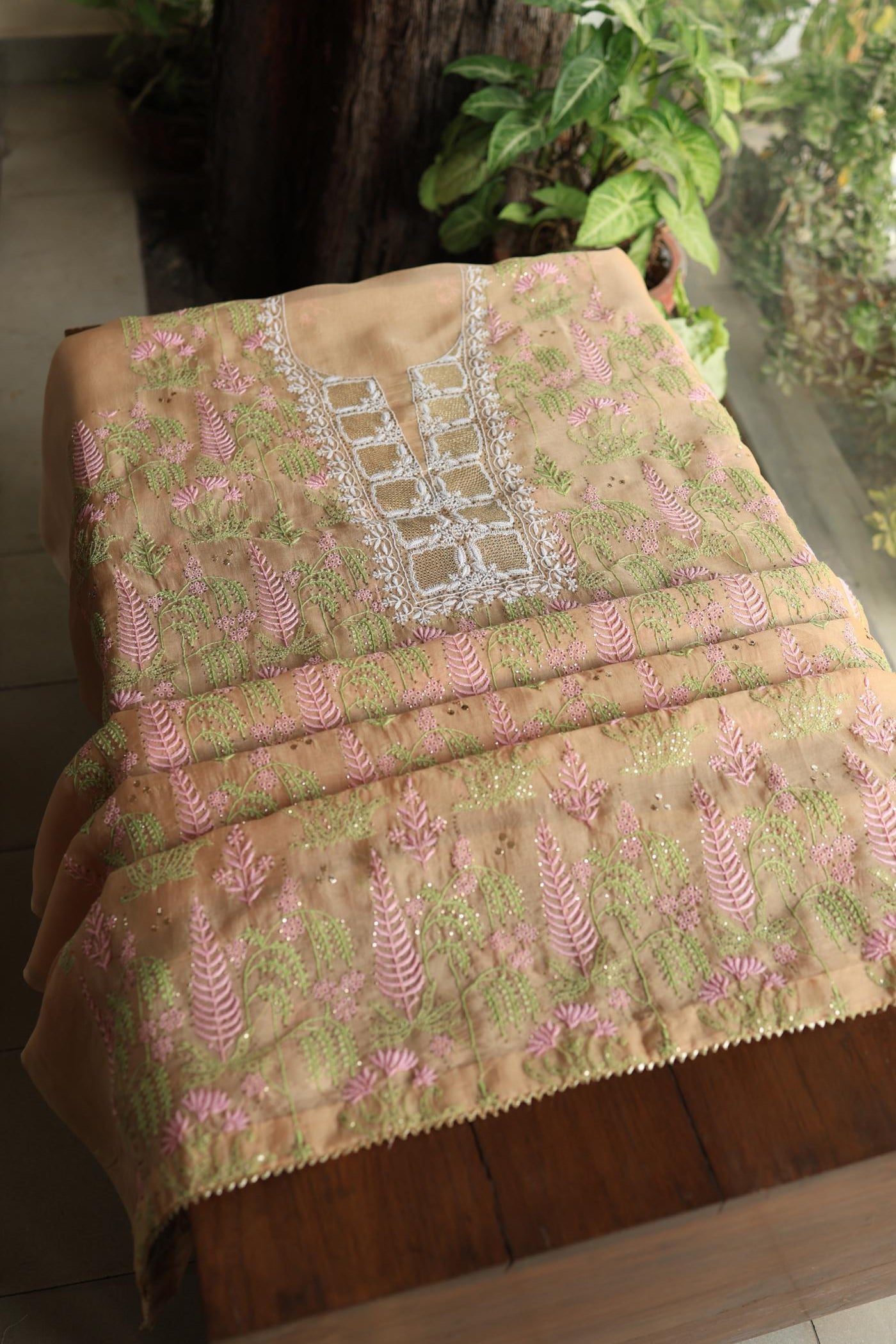 Pastel Peach Noor Organza Silk Chikankari With Kamdani Fabric