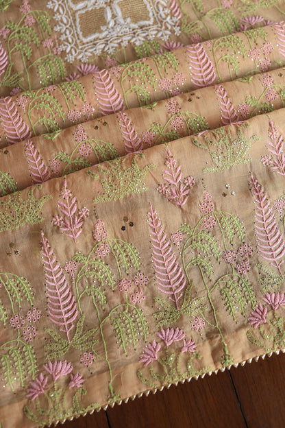 Pastel Peach Noor Organza Silk Chikankari With Kamdani Fabric