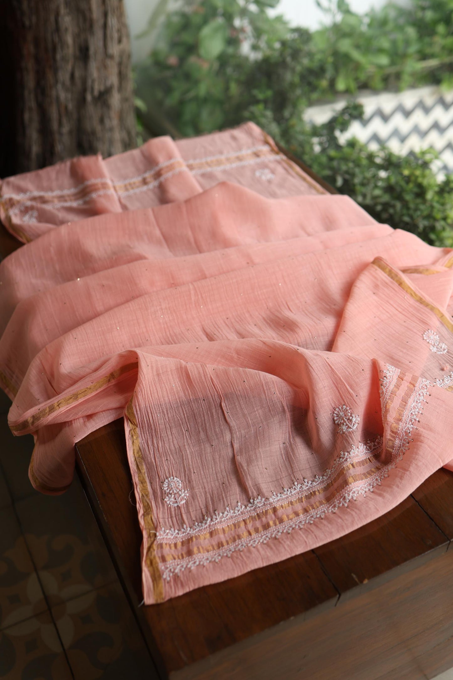 Pastel Peach Shade Mal Cotton Fine Chikankari Unstitched Fabric
