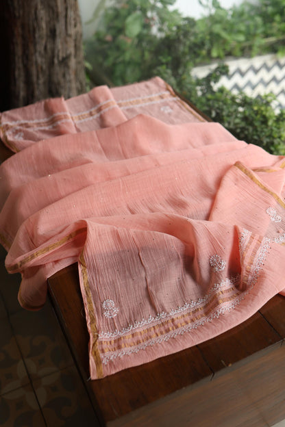 Pastel Peach Shade Mal Cotton Fine Chikankari Unstitched Fabric