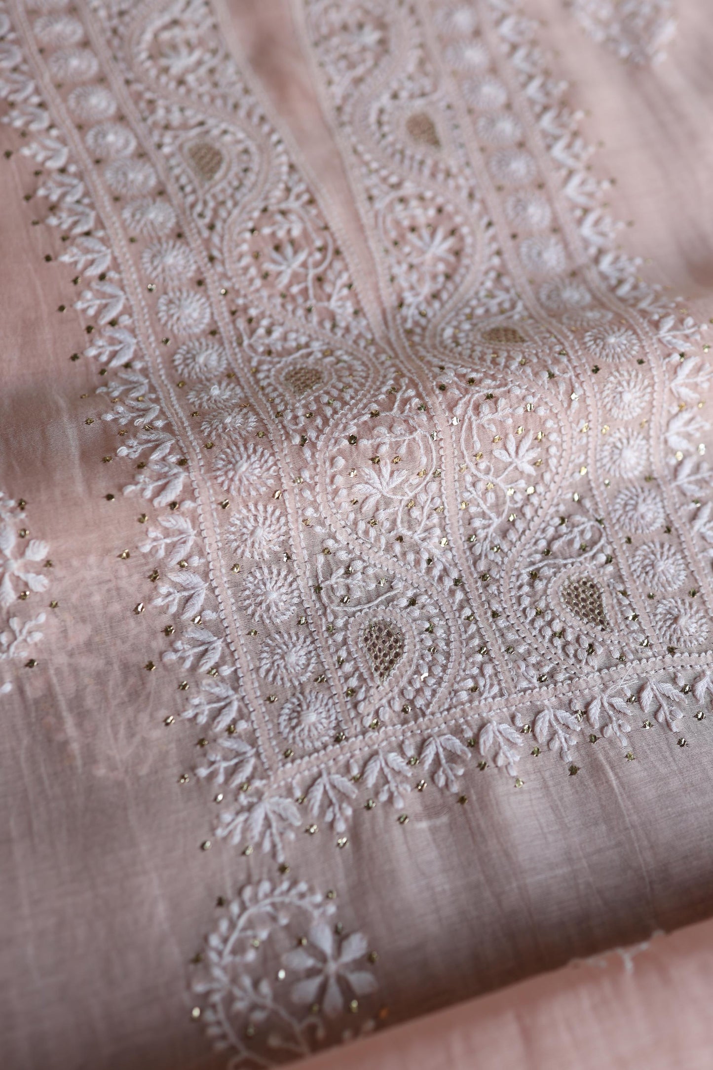 Pastel Peach Shade Mal Cotton Fine Chikankari Unstitched Fabric
