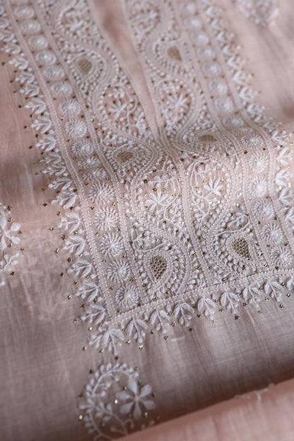 Pastel Peach Shade Mal Cotton Fine Chikankari Unstitched Fabric