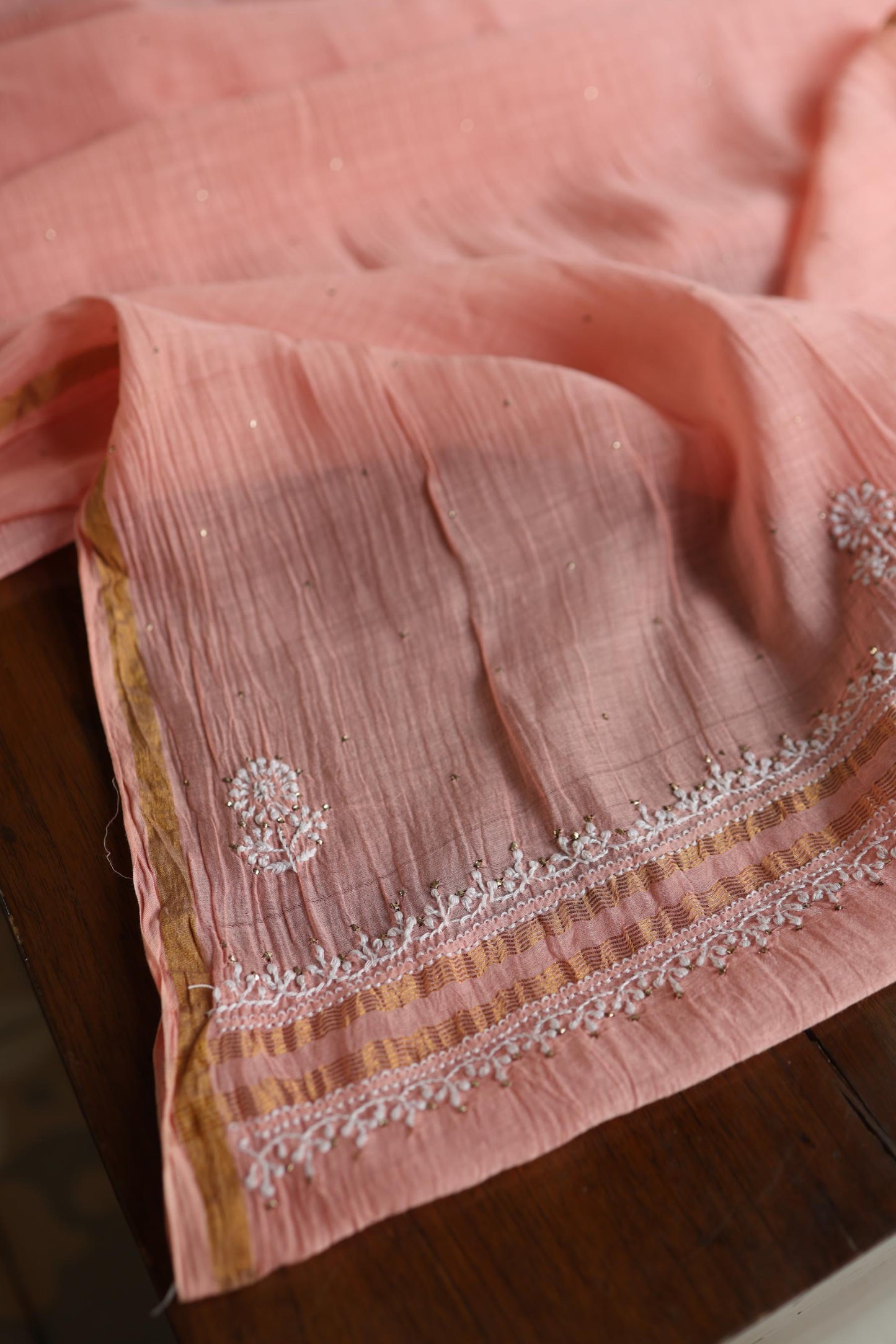 Pastel Peach Shade Mal Cotton Fine Chikankari Unstitched Fabric