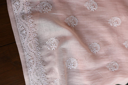 Pastel Peach Shade Mal Cotton Fine Chikankari Unstitched Fabric