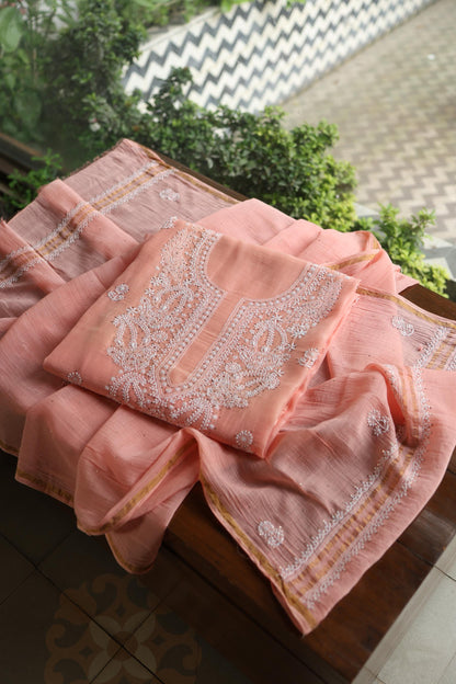 Pastel Peach Shade Mal Cotton Fine Chikankari Unstitched Fabric