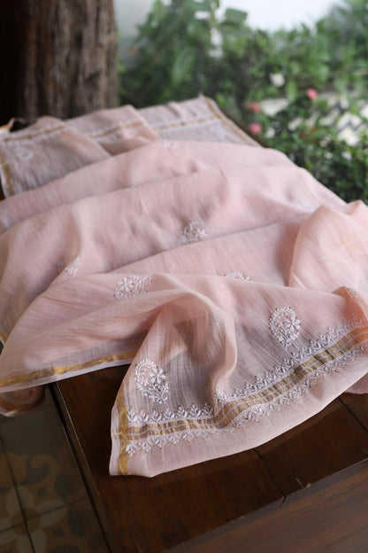 Pastel Peach Shade Mal Cotton Fine Chikankari Unstitched Fabric