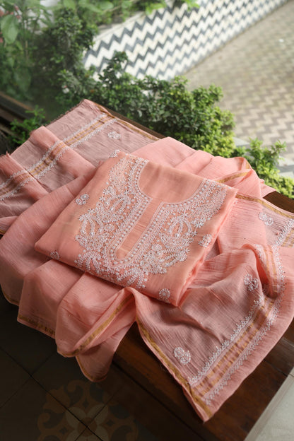 Pastel Peach Shade Mal Cotton Fine Chikankari Unstitched Fabric
