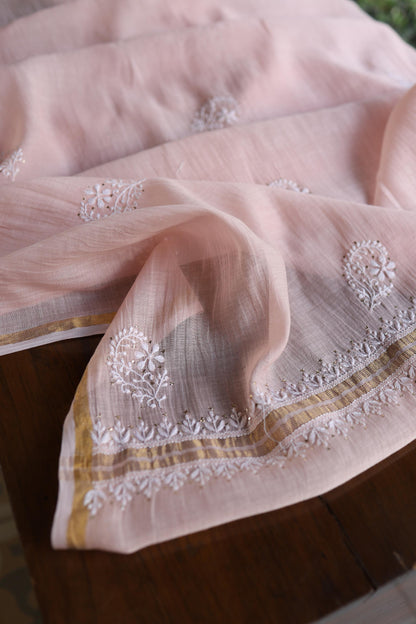Pastel Peach Shade Mal Cotton Fine Chikankari Unstitched Fabric