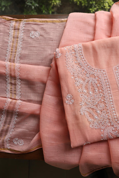 Pastel Peach Shade Mal Cotton Fine Chikankari Unstitched Fabric