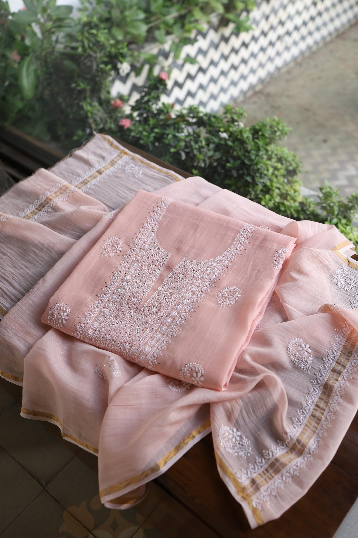 Pastel Peach Shade Mal Cotton Fine Chikankari Unstitched Fabric