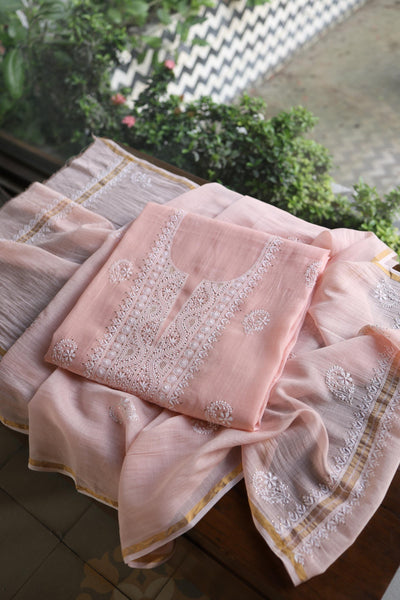 Pastel Peach Shade Mal Cotton Fine Chikankari Unstitched Fabric