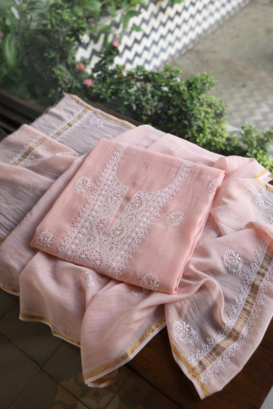 Pastel Peach Shade Mal Cotton Fine Chikankari Unstitched Fabric