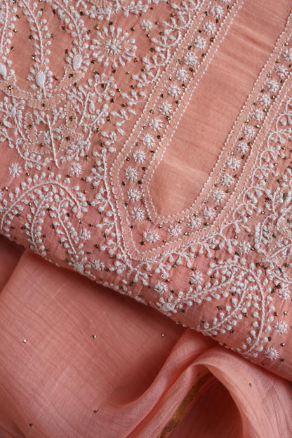 Pastel Peach Shade Mal Cotton Fine Chikankari Unstitched Fabric