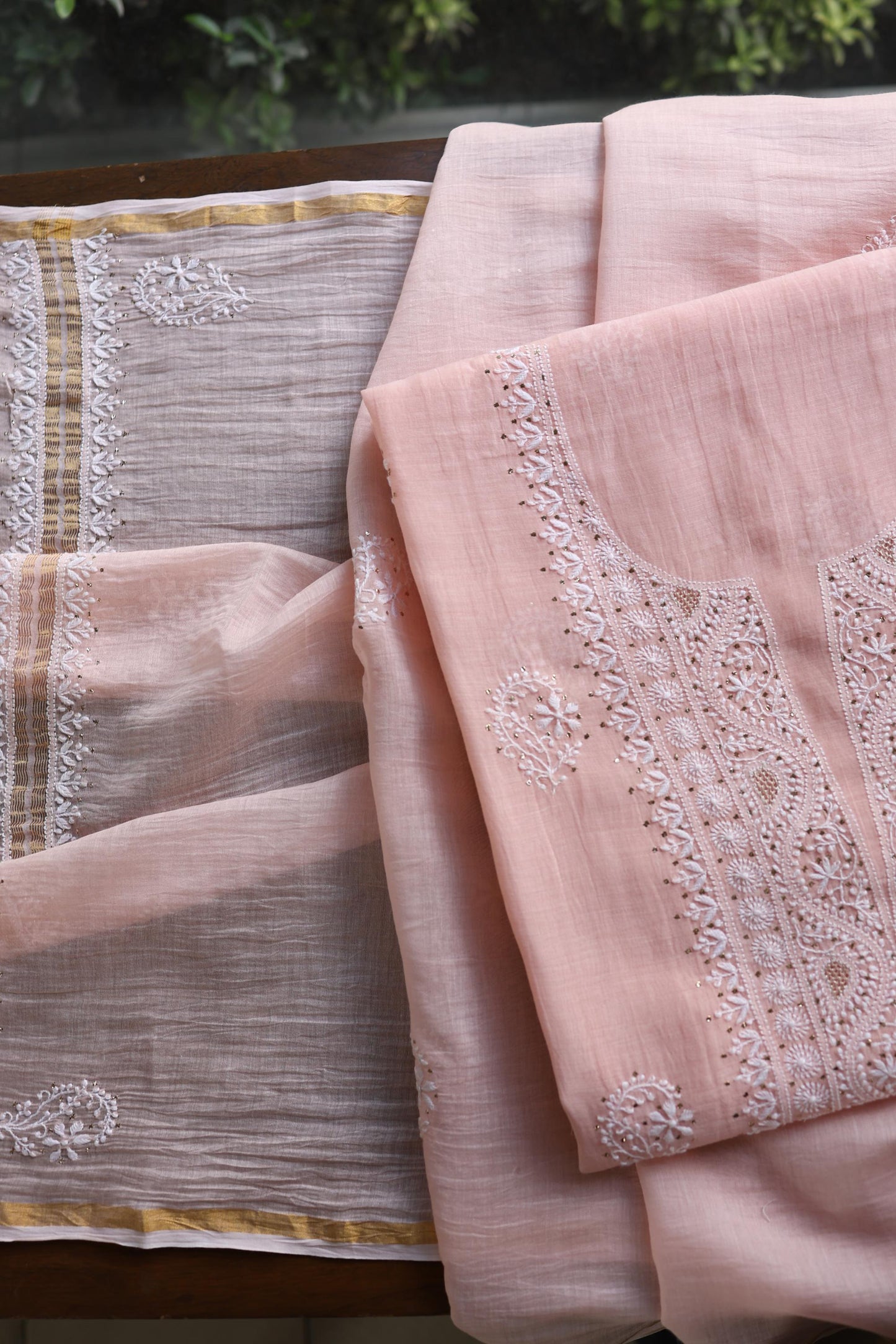 Pastel Peach Shade Mal Cotton Fine Chikankari Unstitched Fabric