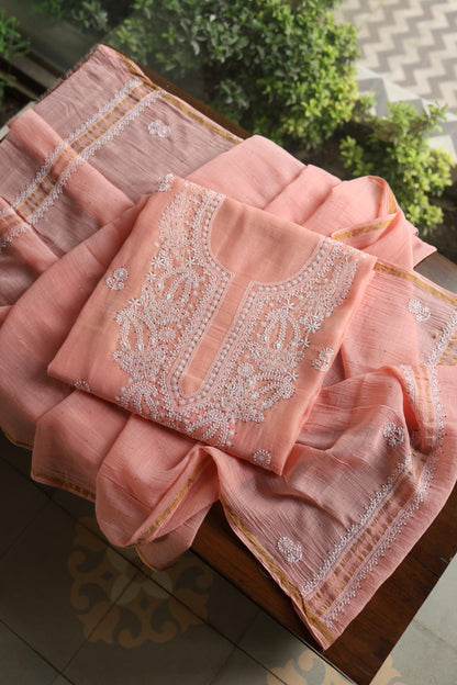 Pastel Peach Shade Mal Cotton Fine Chikankari Unstitched Fabric