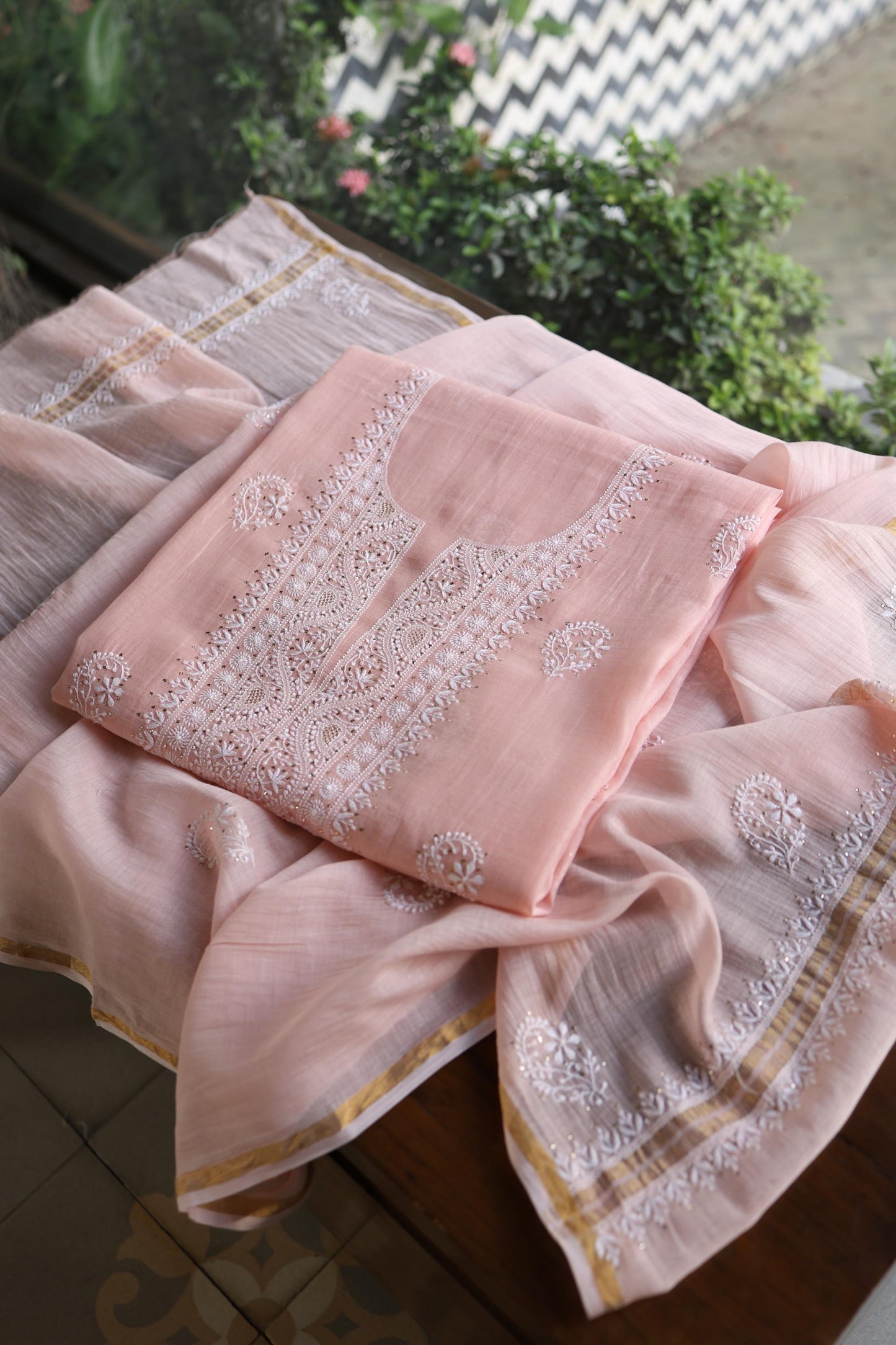 Pastel Peach Shade Mal Cotton Fine Chikankari Unstitched Fabric