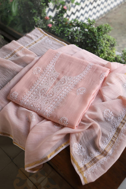 Pastel Peach Shade Mal Cotton Fine Chikankari Unstitched Fabric