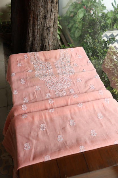 Pastel Peach Shade Mal Cotton Fine Chikankari Unstitched Fabric