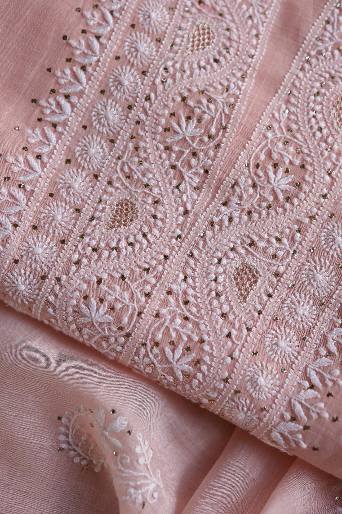 Pastel Peach Shade Mal Cotton Fine Chikankari Unstitched Fabric