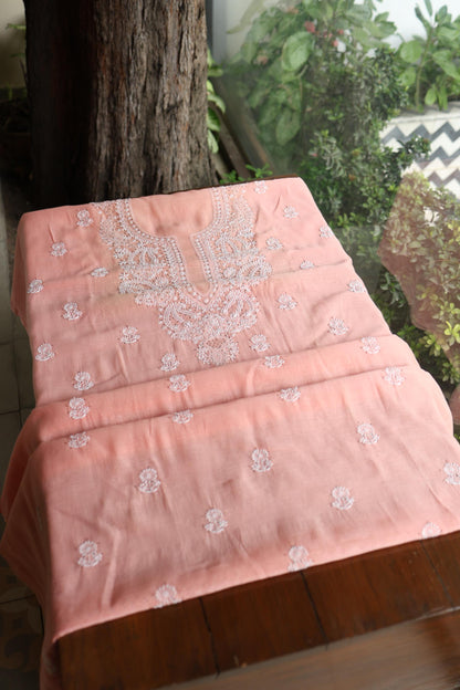 Pastel Peach Shade Mal Cotton Fine Chikankari Unstitched Fabric