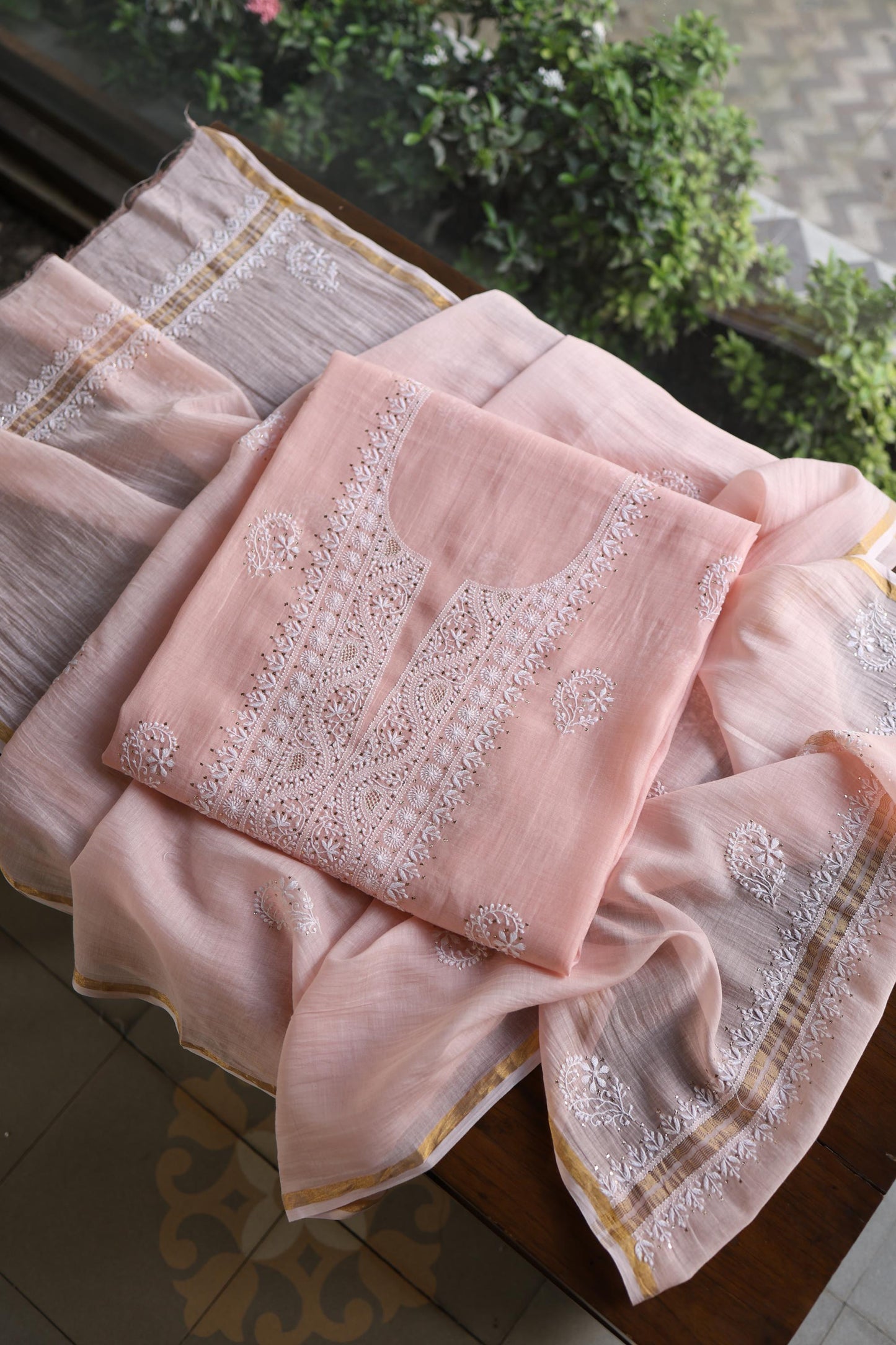 Pastel Peach Shade Mal Cotton Fine Chikankari Unstitched Fabric
