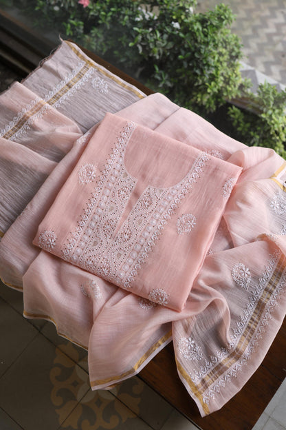 Pastel Peach Shade Mal Cotton Fine Chikankari Unstitched Fabric