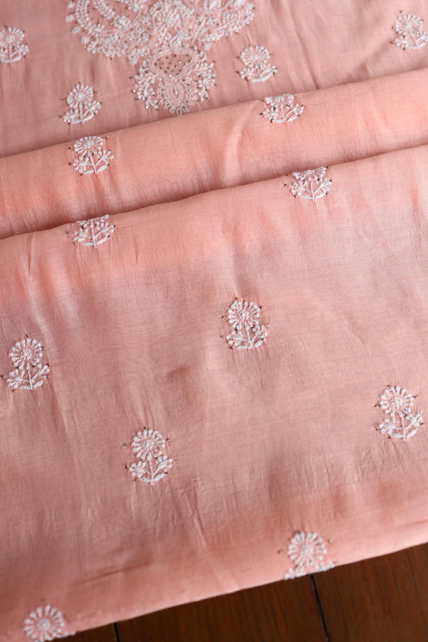 Pastel Peach Shade Mal Cotton Fine Chikankari Unstitched Fabric