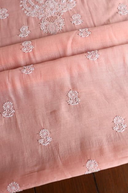 Pastel Peach Shade Mal Cotton Fine Chikankari Unstitched Fabric
