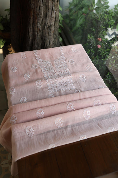 Pastel Peach Shade Mal Cotton Fine Chikankari Unstitched Fabric