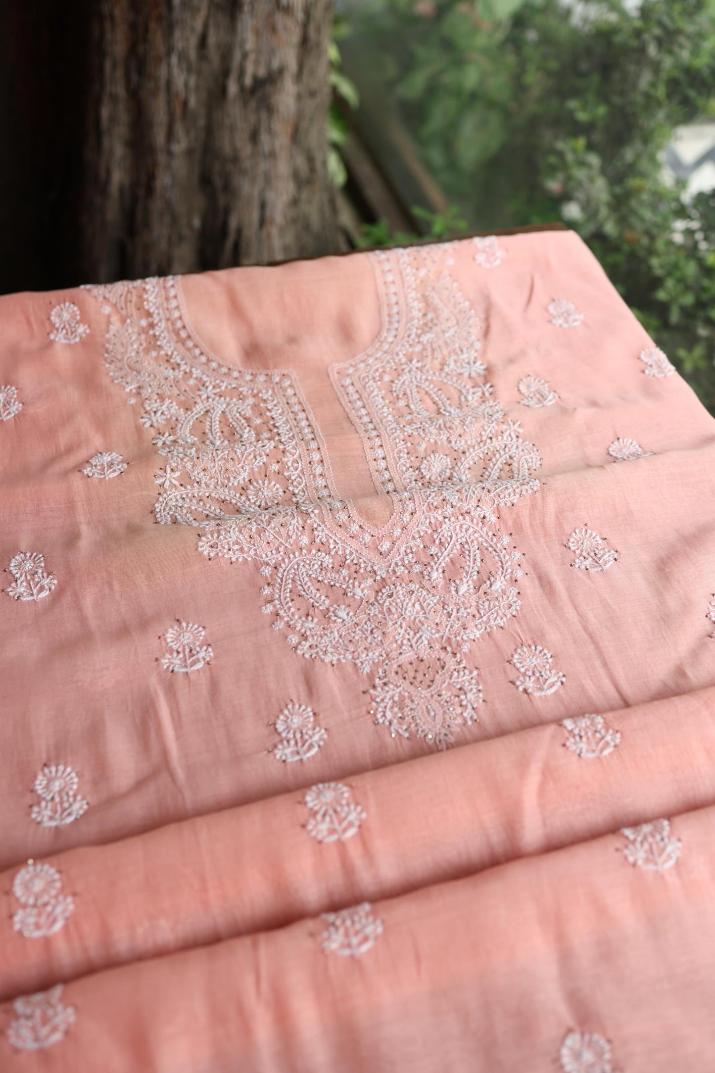 Pastel Peach Shade Mal Cotton Fine Chikankari Unstitched Fabric
