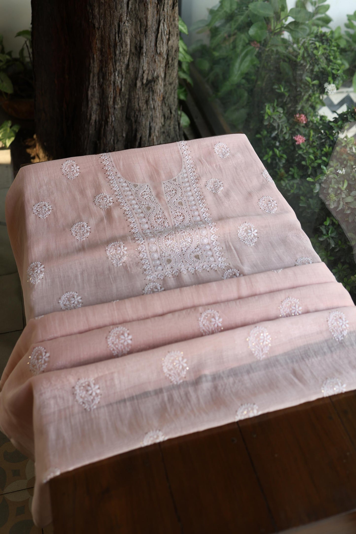 Pastel Peach Shade Mal Cotton Fine Chikankari Unstitched Fabric
