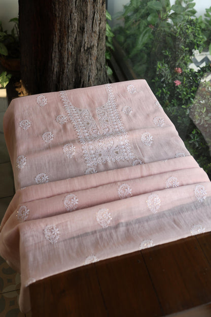 Pastel Peach Shade Mal Cotton Fine Chikankari Unstitched Fabric