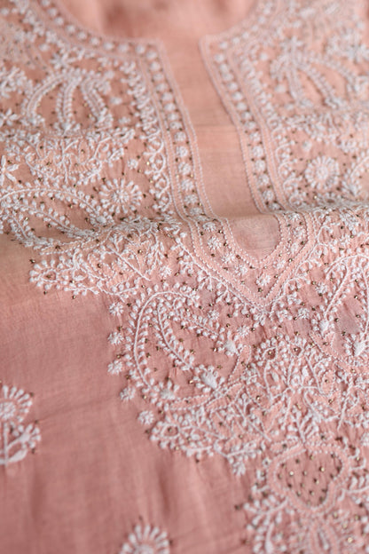 Pastel Peach Shade Mal Cotton Fine Chikankari Unstitched Fabric
