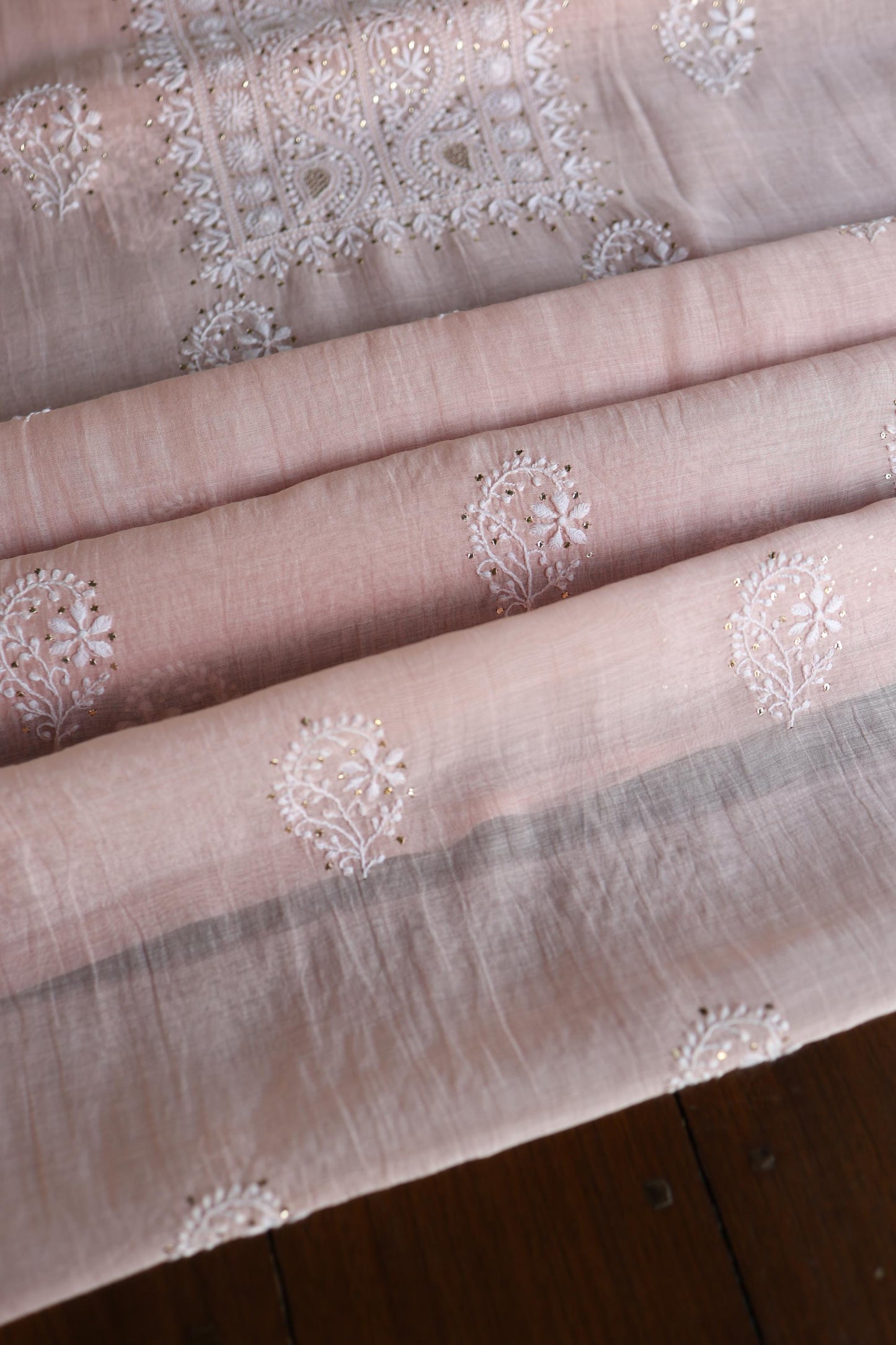 Pastel Peach Shade Mal Cotton Fine Chikankari Unstitched Fabric