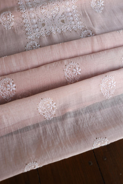Pastel Peach Shade Mal Cotton Fine Chikankari Unstitched Fabric
