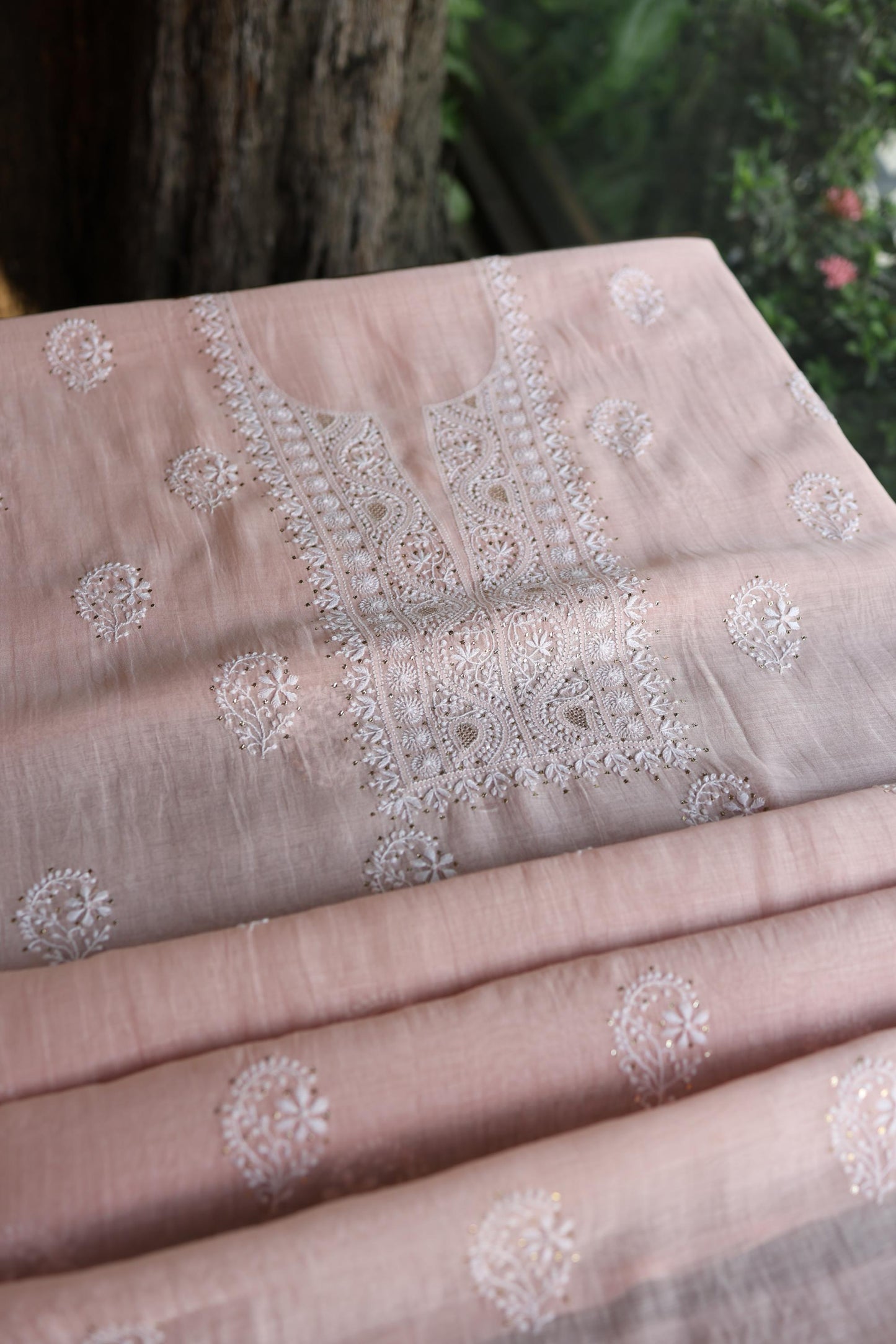 Pastel Peach Shade Mal Cotton Fine Chikankari Unstitched Fabric