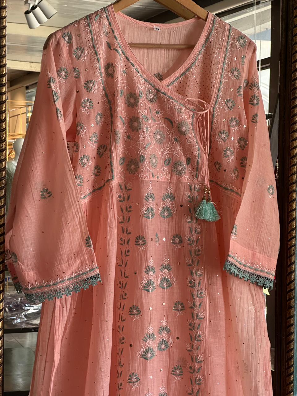 Pastel Peach Shade Malmal Mukaish Kamdani Chikankari Angarkha