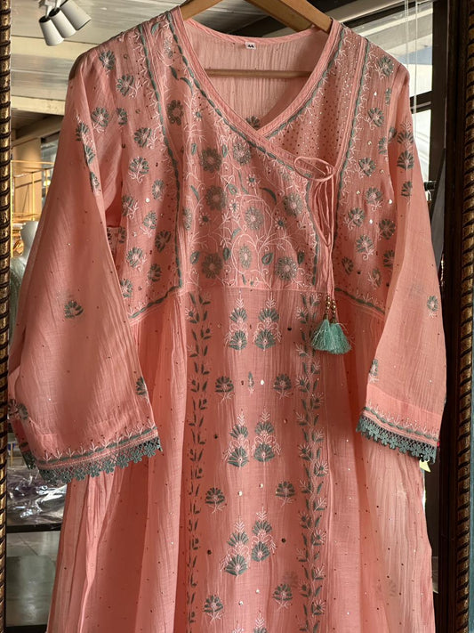 Pastel Peach Shade Malmal Mukaish Kamdani Chikankari Angarkha