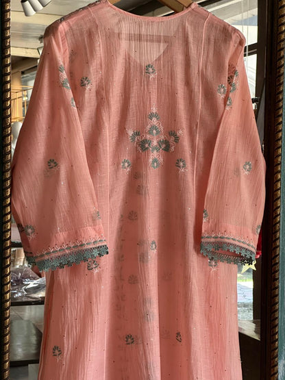 Pastel Peach Shade Malmal Mukaish Kamdani Chikankari Angarkha