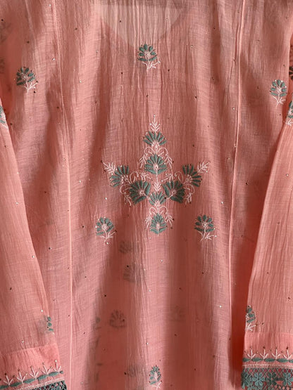 Pastel Peach Shade Malmal Mukaish Kamdani Chikankari Angarkha