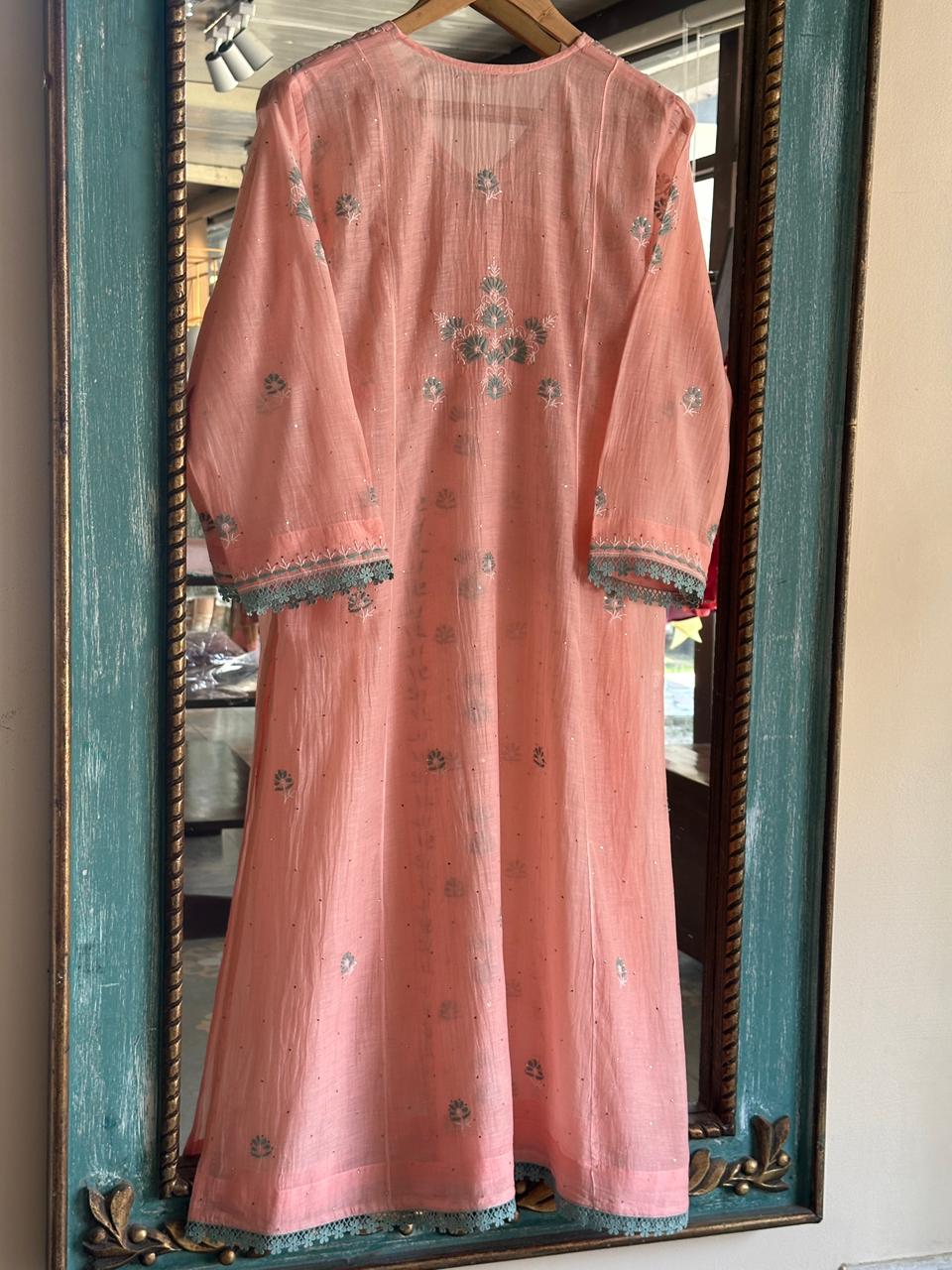 Pastel Peach Shade Malmal Mukaish Kamdani Chikankari Angarkha