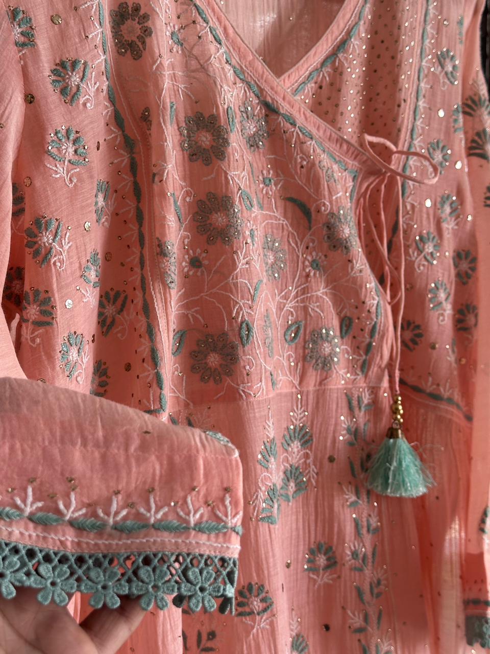 Pastel Peach Shade Malmal Mukaish Kamdani Chikankari Angarkha