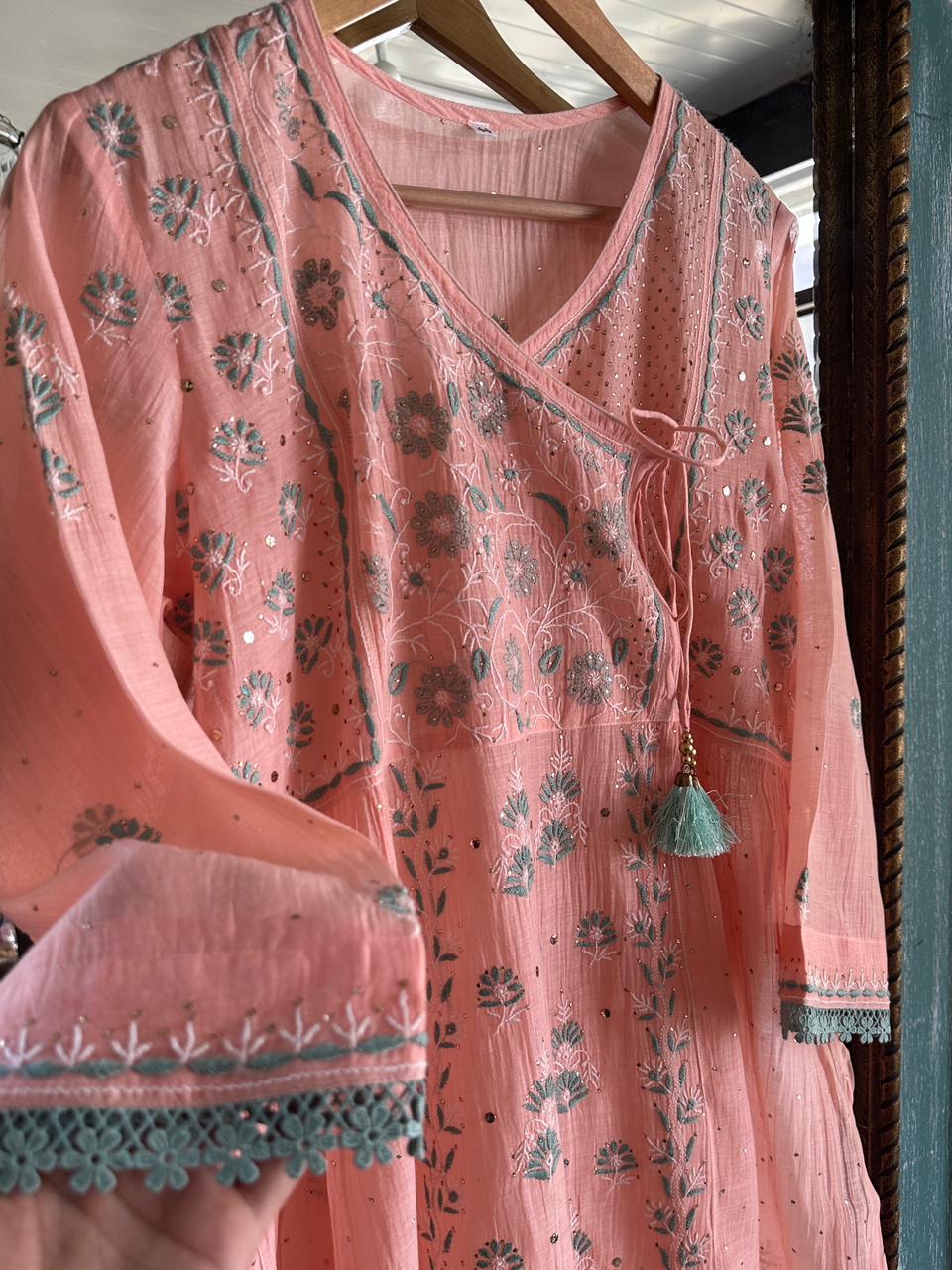 Pastel Peach Shade Malmal Mukaish Kamdani Chikankari Angarkha